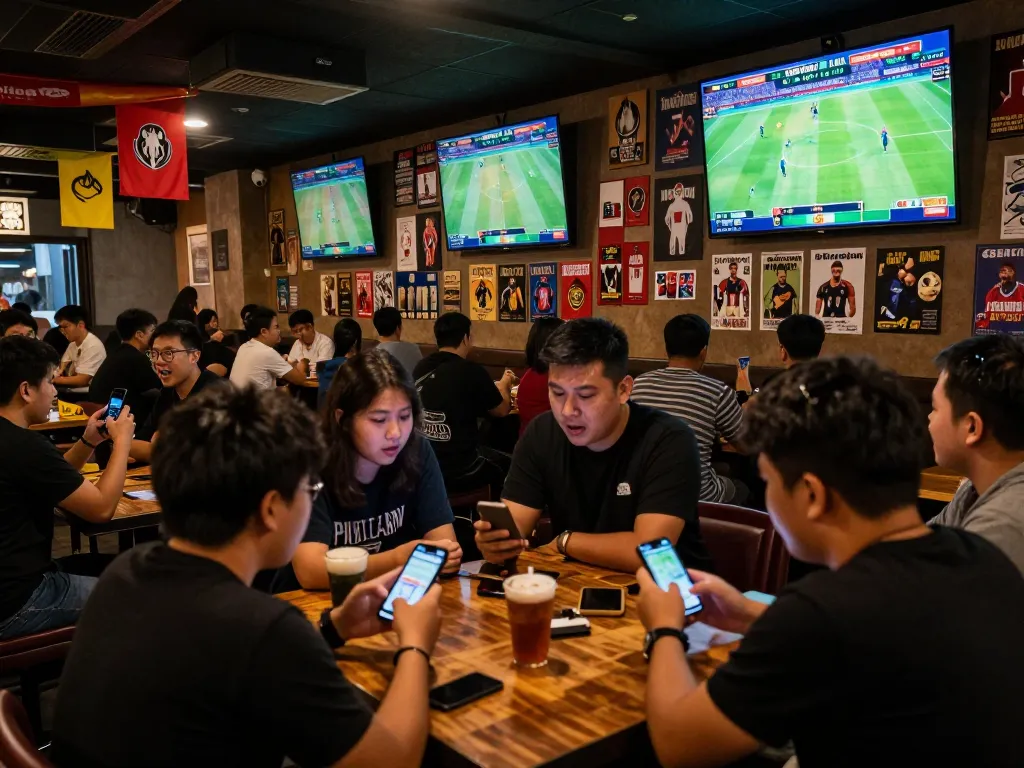 Sports enthusiasts engaging in live betting on keobongda while enjoying the excitement of multiple screens in a vibrant sports bar.