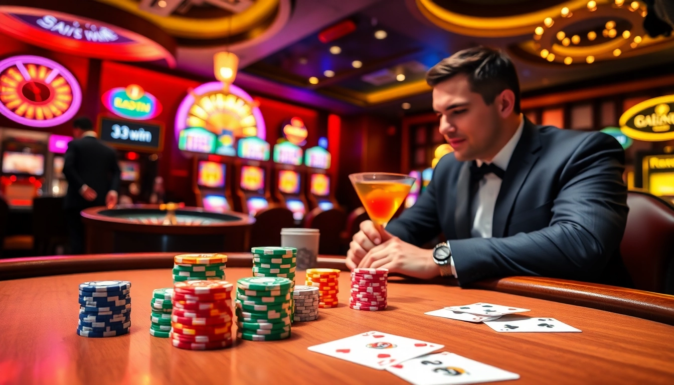 33win casino tables with colorful poker chips and vibrant slot machines