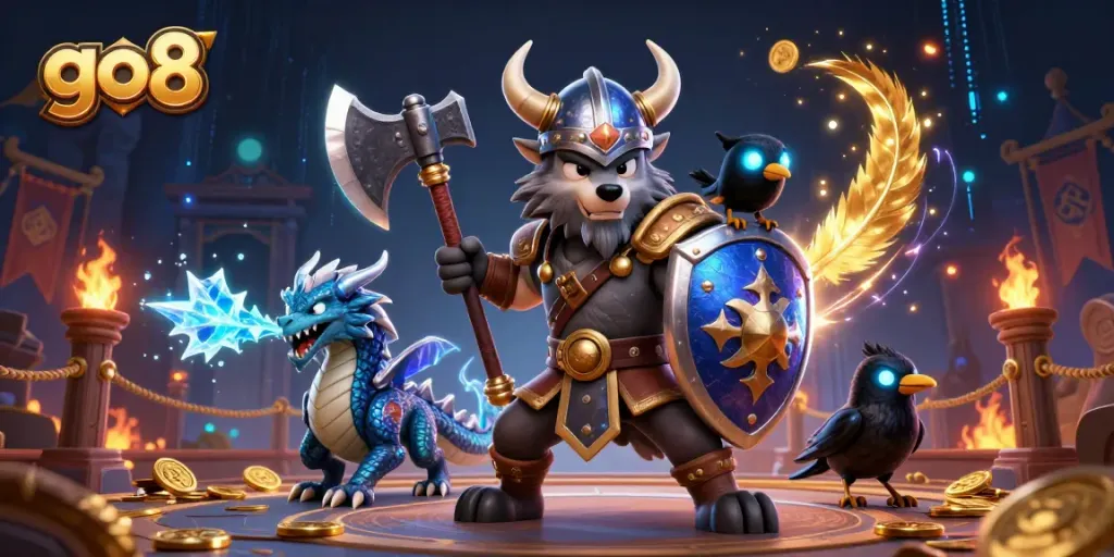 Engage in thrilling gameplay at go8 with a Viking wolf warrior, dragon, and dynamic casino elements.