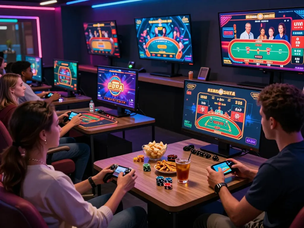 Exciting rikbet gaming experience with players engaged in virtual betting, showcasing vibrant casino games and snacks.