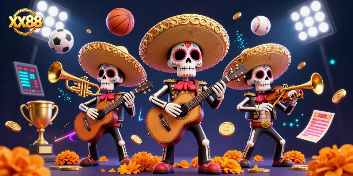 Experience the thrilling action at xx88 with a vibrant mariachi band amidst dynamic gaming elements.