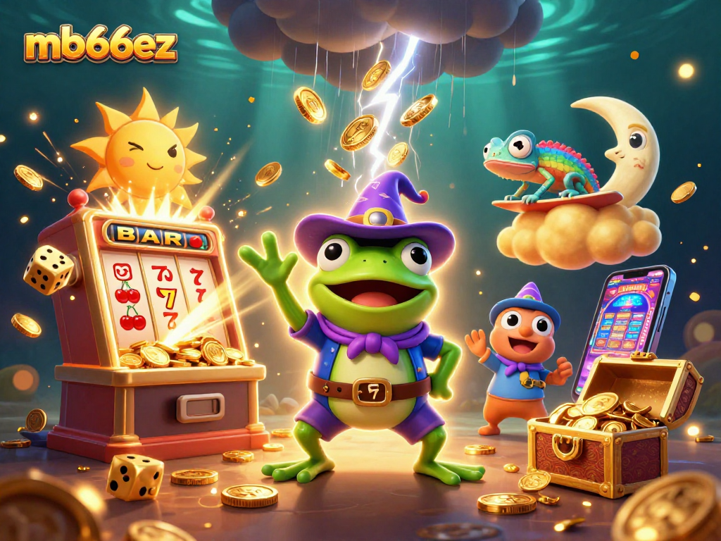 Win big with mb66ez in this vibrant casino-themed scene filled with characters and game elements.