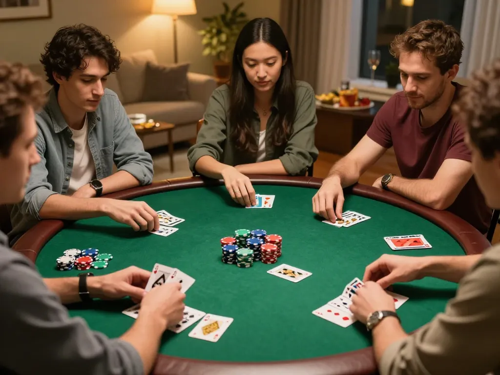 Bongdallu hosts a competitive home poker night with friends analyzing hands and making bets