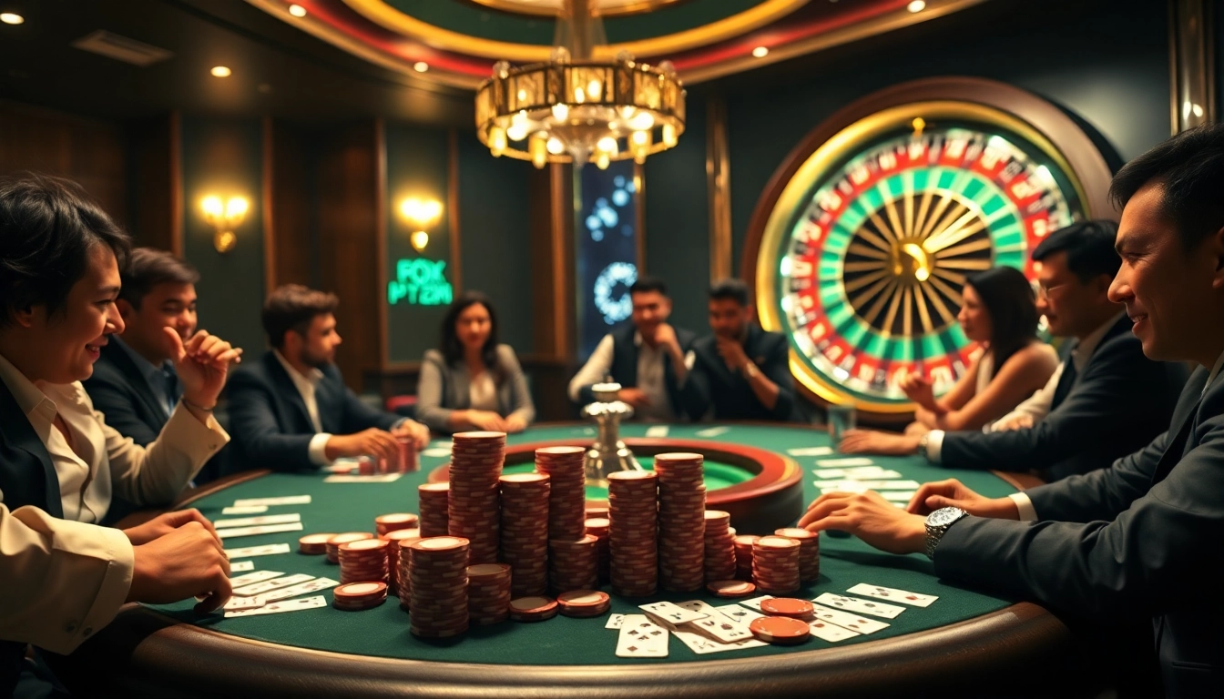 Exciting poker game at a luxurious casino setting highlighting https://rr88c.pro/ with vibrant chips and cards.