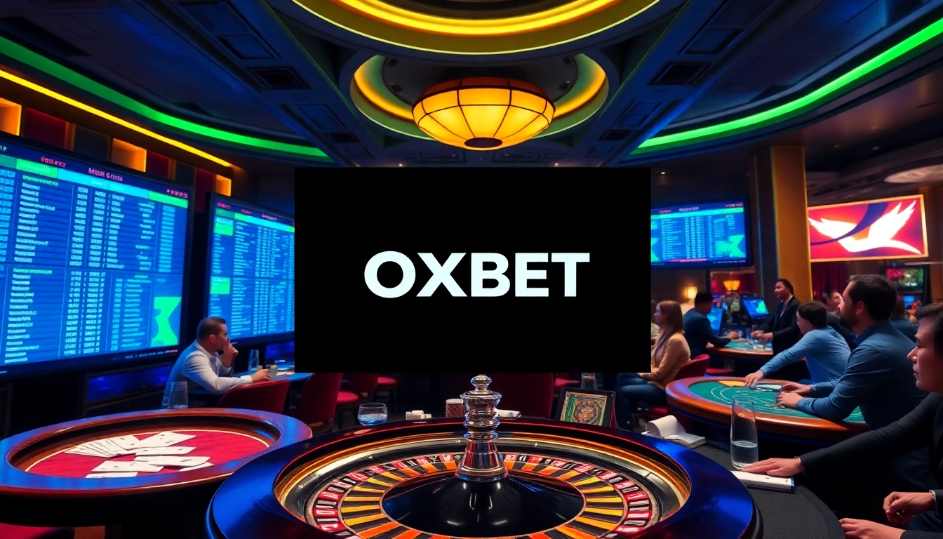 OXBET logo featured in a vibrant digital betting interface with casino elements.