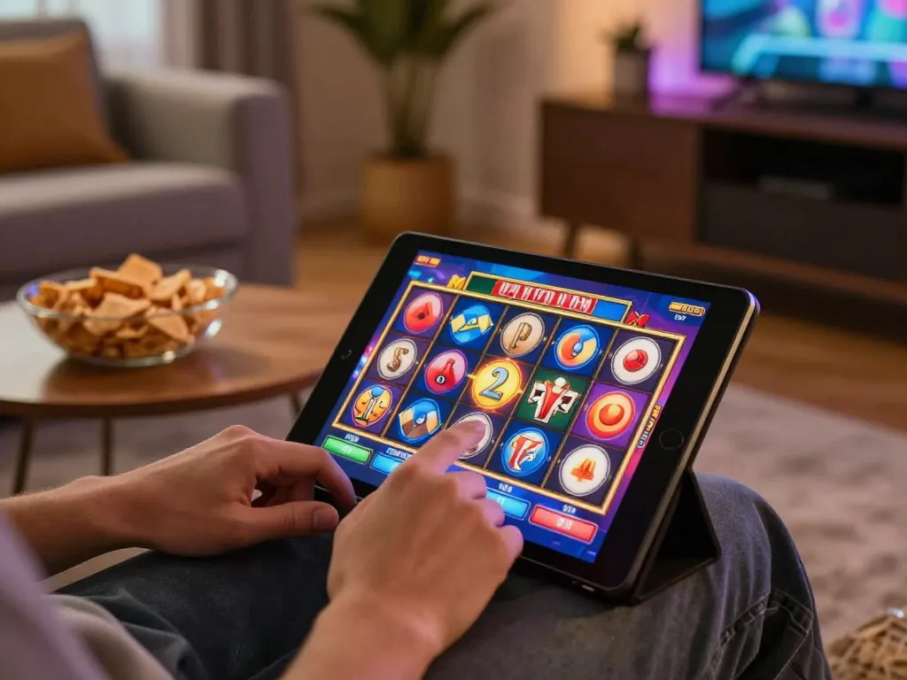 Win678 player enjoying slot machine game on tablet in cozy living room atmosphere