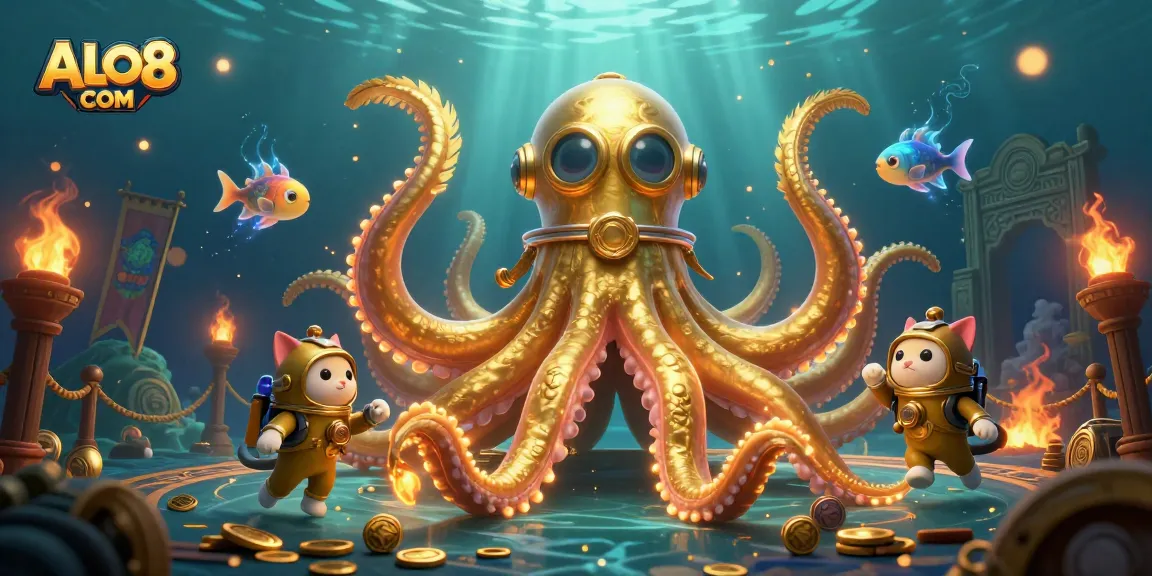 Join the excitement at ALO8 COM, where the kraken's treasures await in a colorful game scene.
