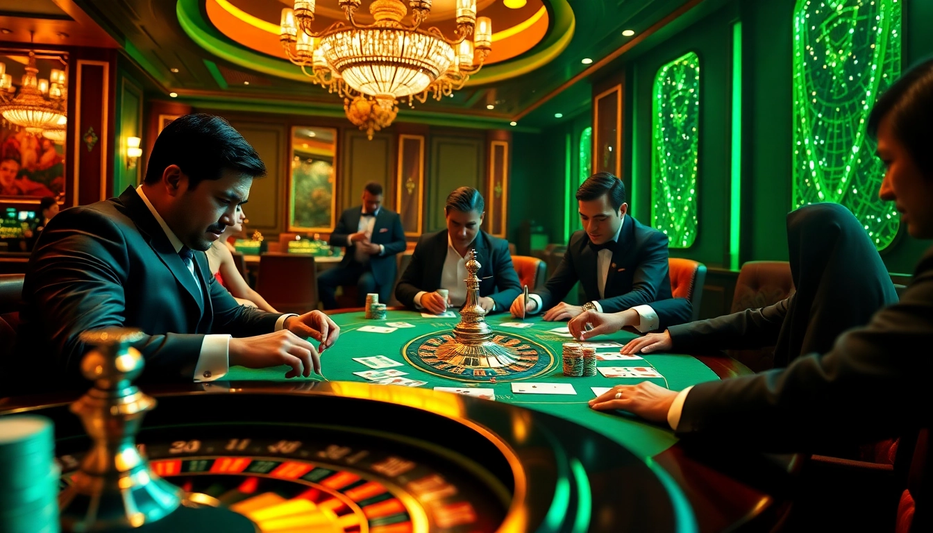 High-stakes poker game at QQ88pro Vip showcasing luxury and excitement with players and chips.