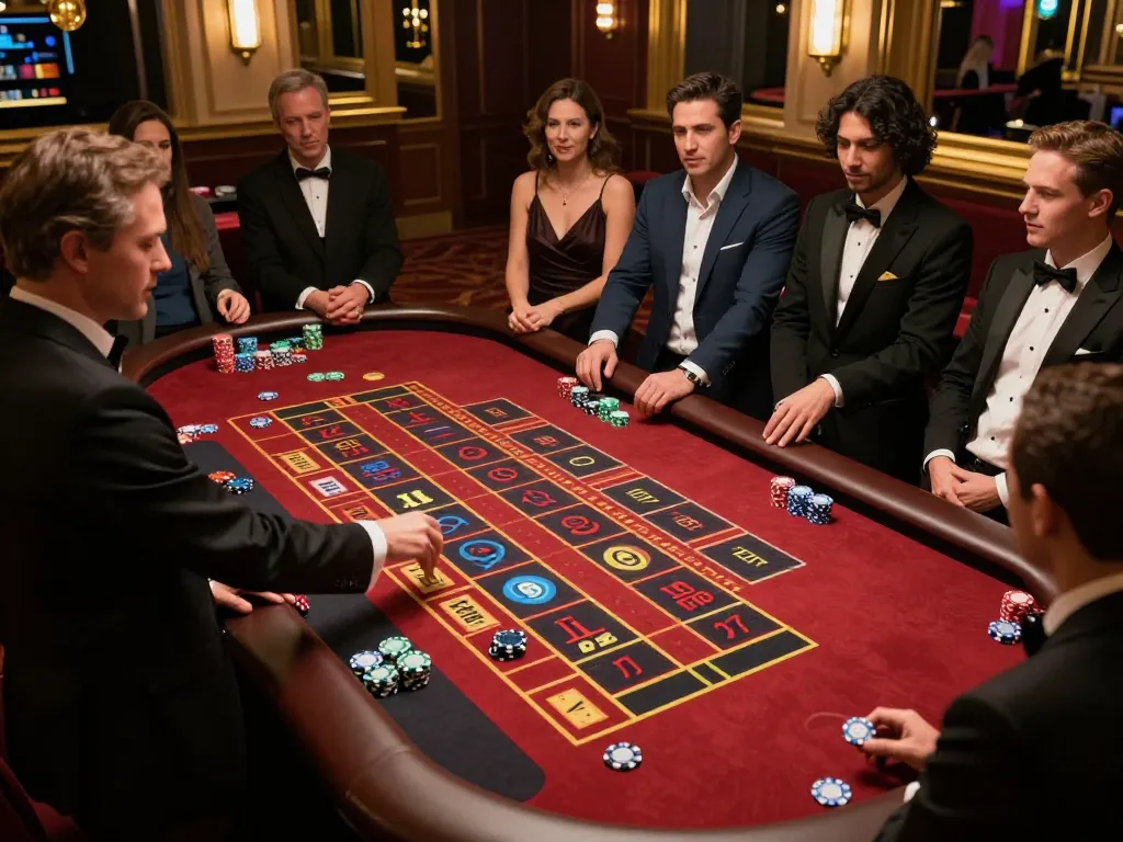 Players eagerly placing bets at a high-stakes roulette table at 79kin casino.