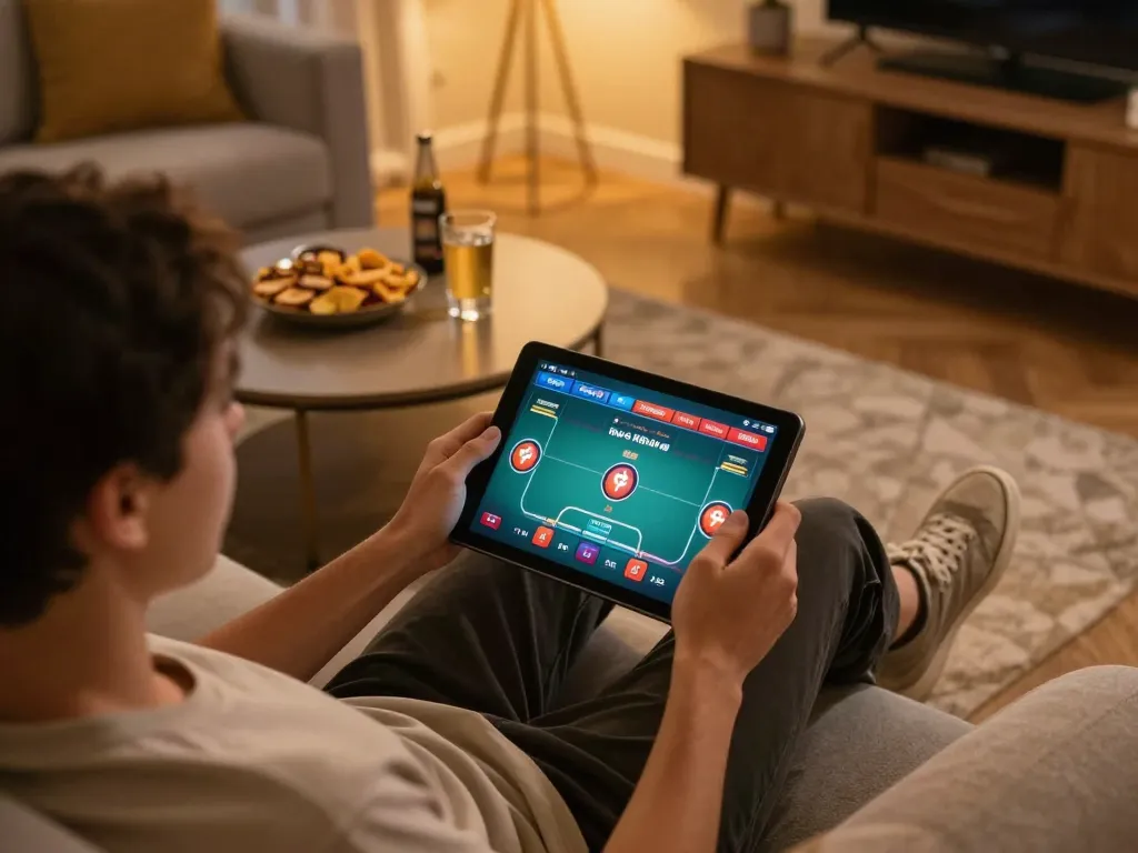 Engaged player using a tablet for an online poker game at a home setup, demonstrating a nhà cái trực tuyến uy tín