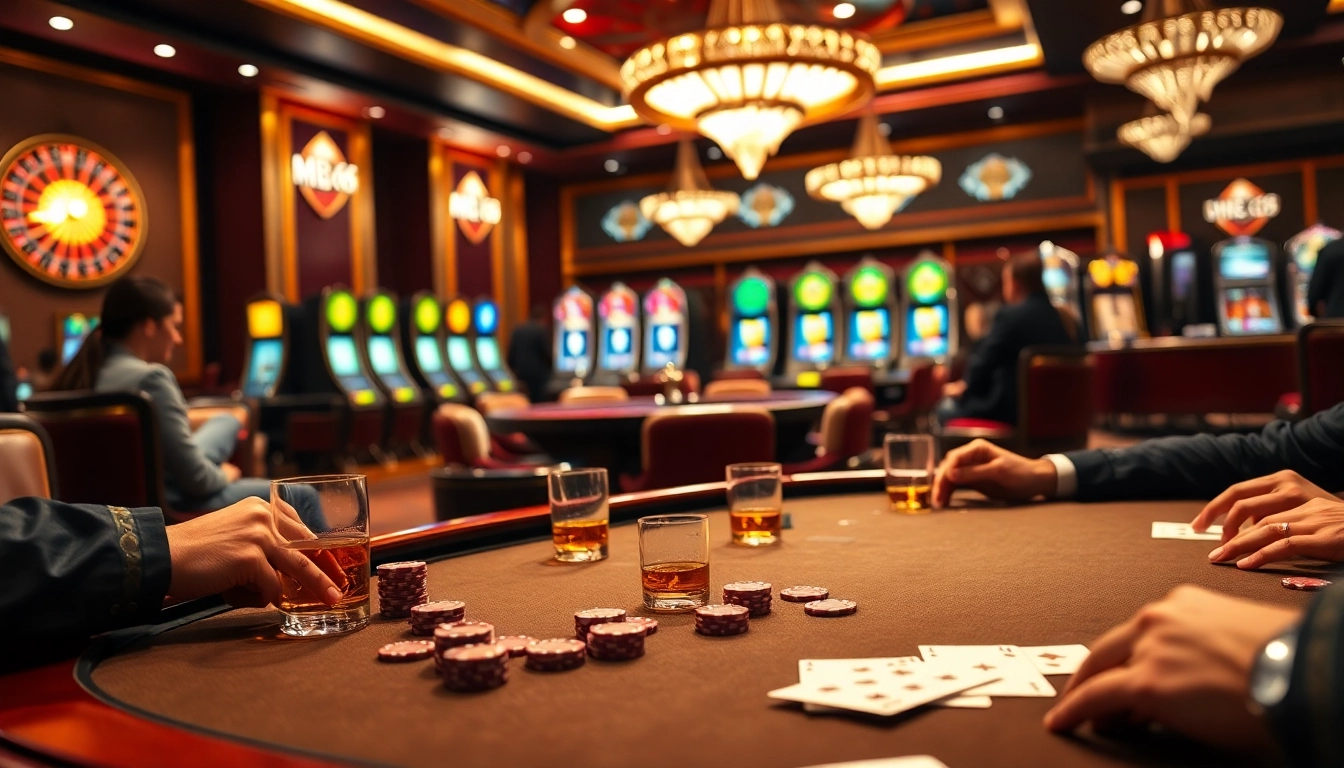 Experience high-stakes poker action at MB66 casino with vibrant lights and luxurious decor.