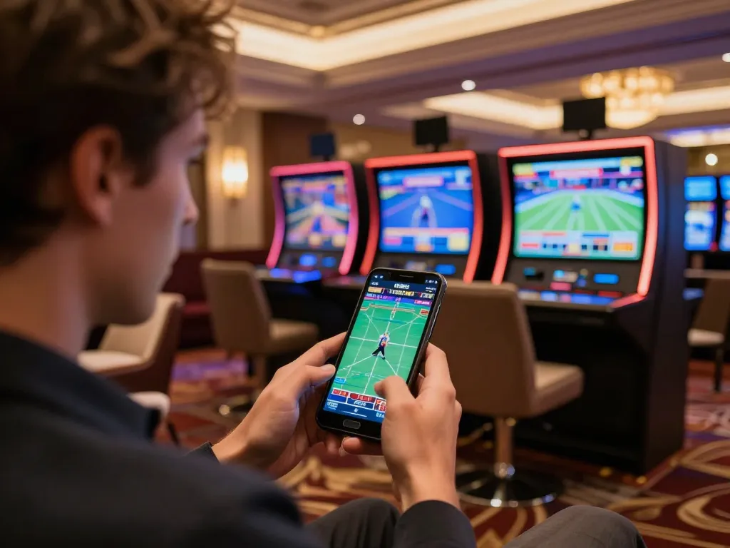 Player immersed in sports betting on smartphone while engaging in 78winvina online gaming experience.