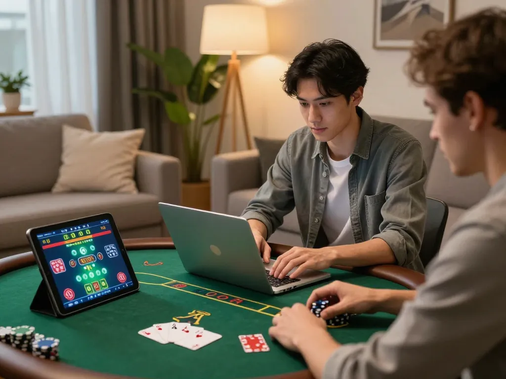 Enjoying a poker game on the laptop using 888bgo with strategic betting in a modern living room.