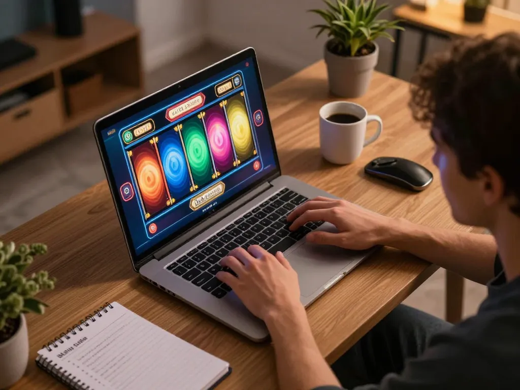 Engaging online slots session with lv88 com on laptop, cozy home setup enhancing responsible gaming experience