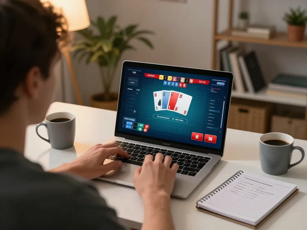 Player engaging with online poker game at home desk, showcasing mu88com in a responsible gaming setup.
