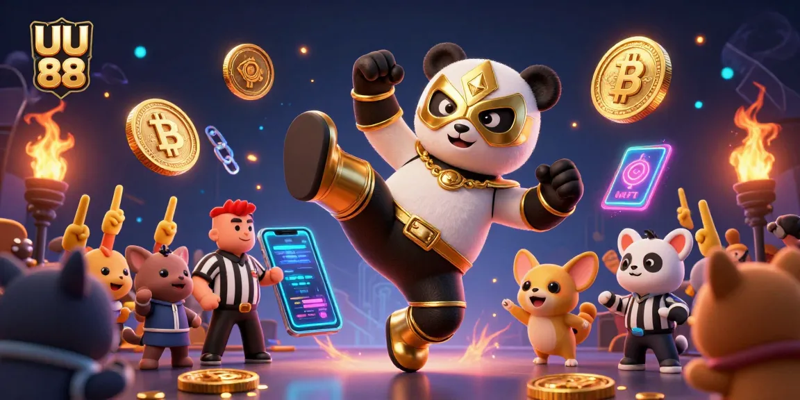 Action-packed scene featuring UU 88, with a panda wrestler kicking and spectators cheering.