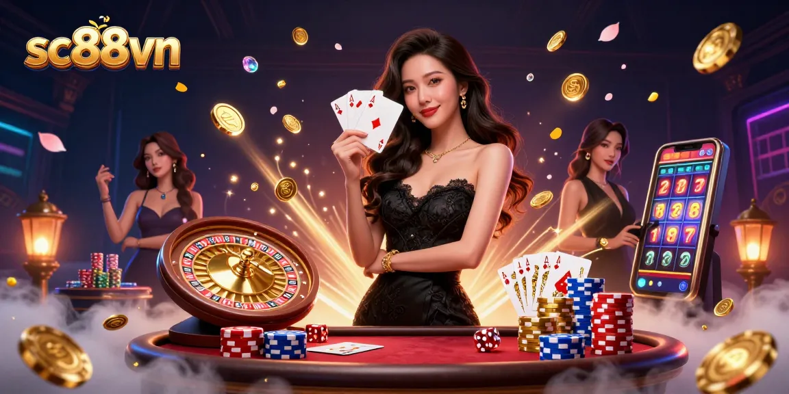 sc88vn thrilling casino scene with a beautiful woman holding playing cards amidst vibrant slot game elements.
