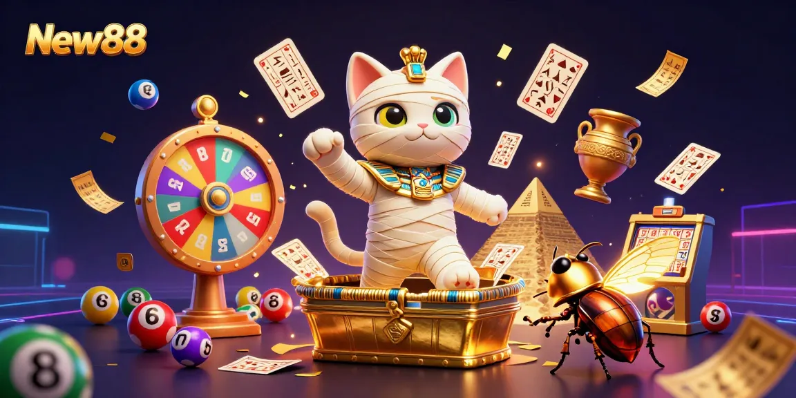 Experience dynamic gaming thrills with New88, featuring an Egyptian mummy cat, vibrant lottery elements, and a pyramid casino backdrop.