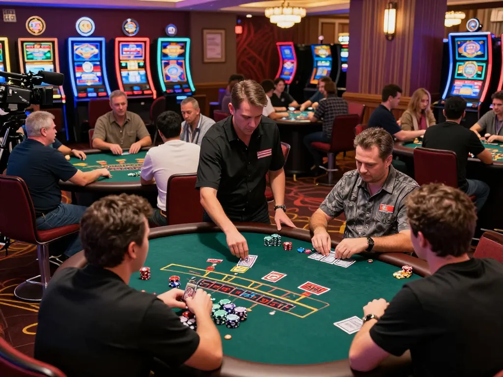 PUB88 players enjoying a thrilling blackjack game on a bustling casino floor with vibrant lighting.
