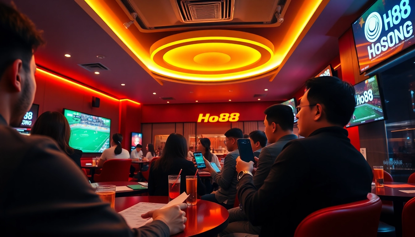 Exciting scene of gamblers at Ho88 betting lounge, enjoying soccer matches and using smartphones for live betting.