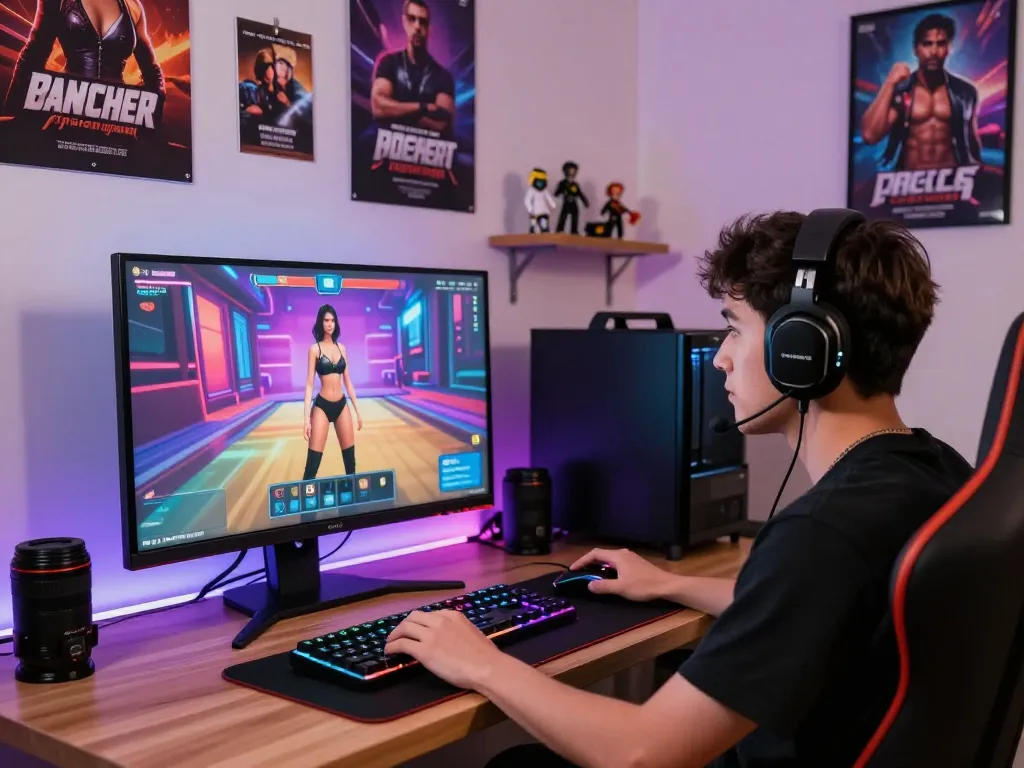 Immersive player enjoying porn games on a vibrant gaming setup, highlighting modern adult gaming culture.
