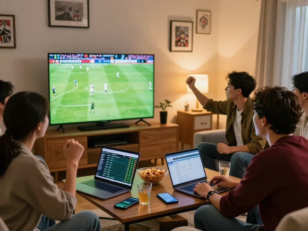 Friends engaging with keonhacai5 while watching a football match in a cozy living room.