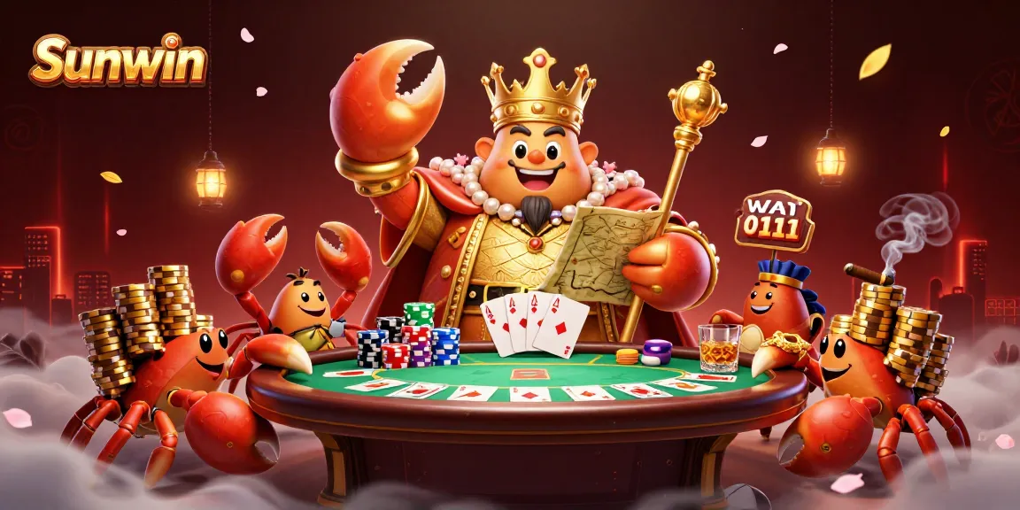 Experience the excitement of Sunwin Casino with our golden crab emperor and vibrant poker elements.