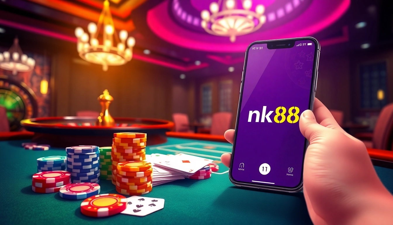 Experience dynamic betting at https://nk88net.com/ with a luxurious casino setting featuring vibrant chips and cards.