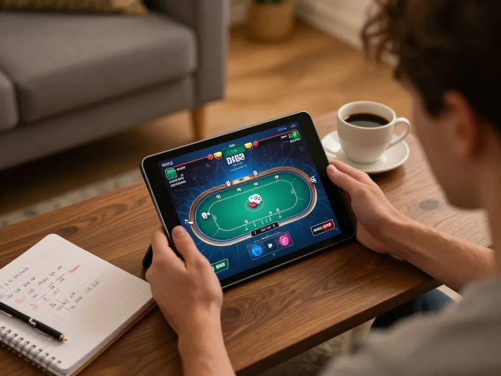 Player analyzing poker strategy with DH88 link displayed on tablet during online gaming session.