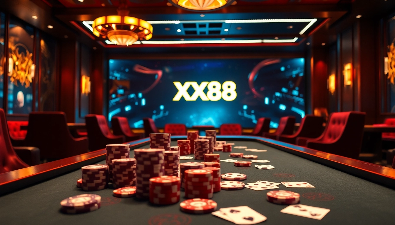 Experience the excitement of gambling at XX88 with vibrant casino visuals featuring poker chips and a modern gaming interface.