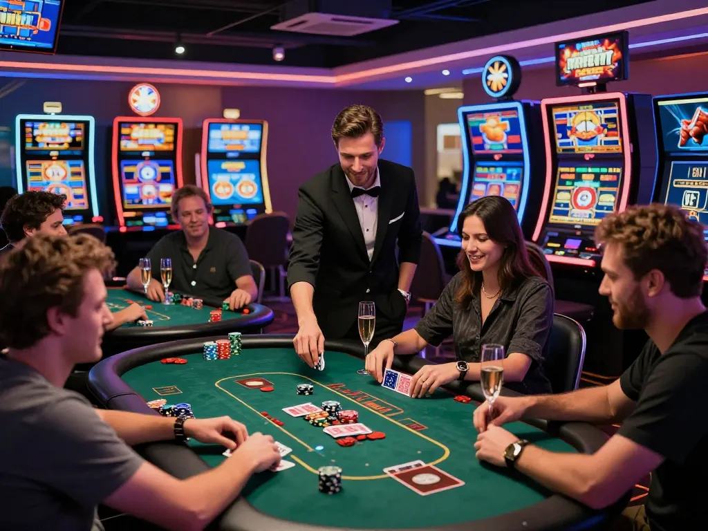 MM88 online casino vibrant scene with players enjoying exciting table games and bright lights.