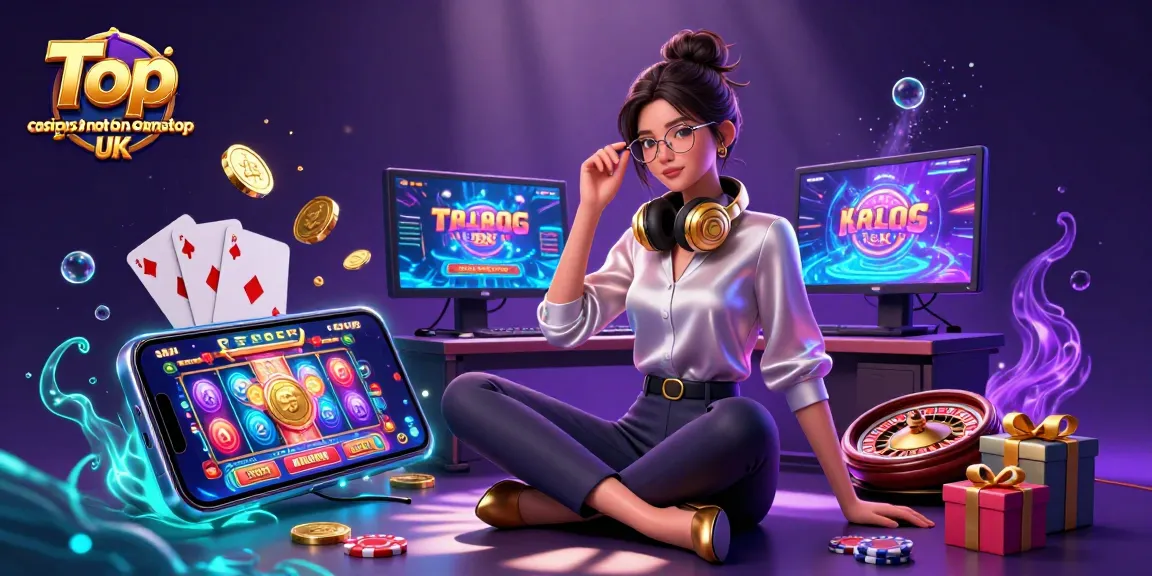 Engaging 3D illustration showcasing top casinos not on gamstop UK with an Asian woman at a high-tech gaming setup.