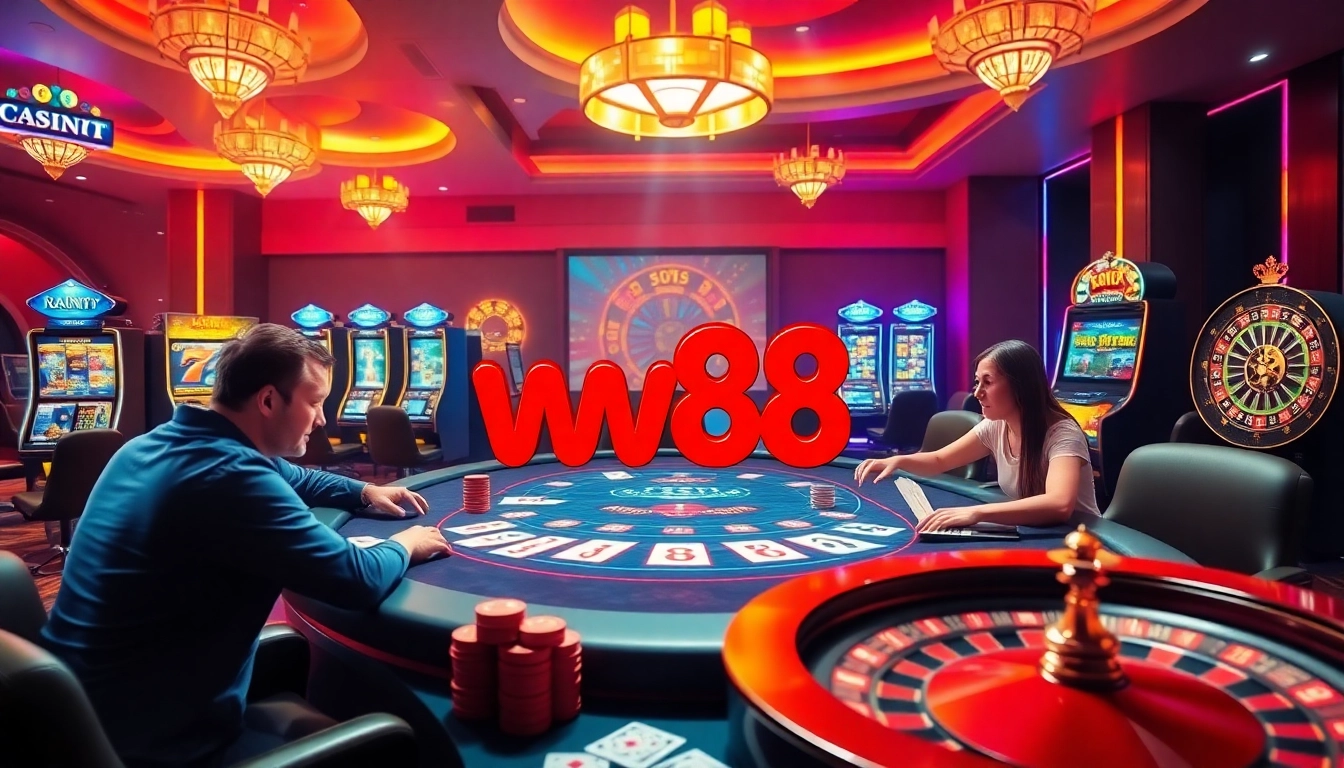 Excited players enjoying an online casino experience at ww88 with poker chips, cards, and vibrant slot machines.