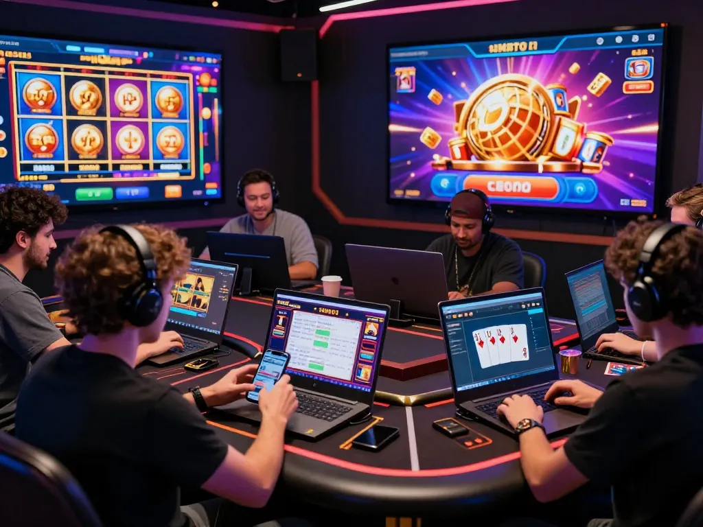 Engaged players exploring tr88 online casino games on various devices with vibrant graphics.