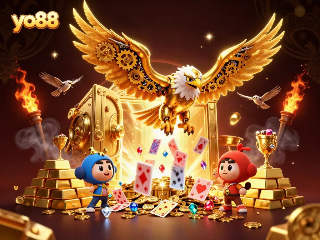 Experience the thrill of yo88 with a cybernetic eagle soaring through vibrant casino elements.