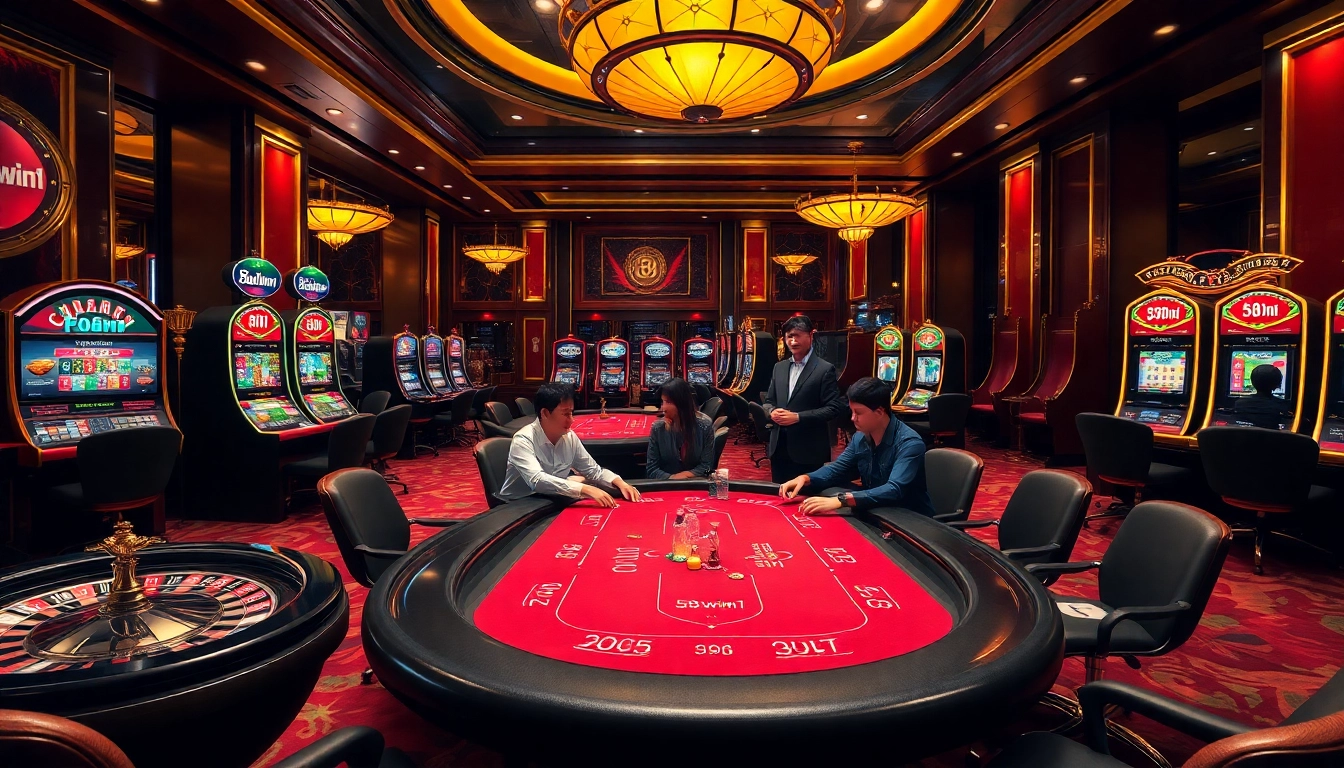 Engaged players enjoying games at 58win1 casino, featuring vibrant tables and roulette wheels.