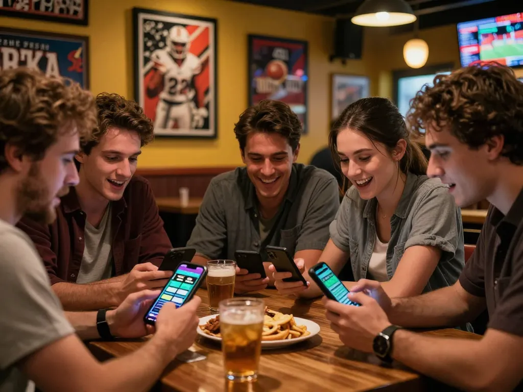Tỷ lệ kèo nhà cái analyzed as friends engage in sports betting at a lively sports bar