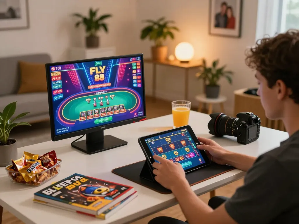 Engaging in strategic gameplay on FLY 88 casino with interactive tablet in cozy home setting