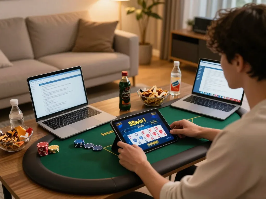 Engaged player enjoying online poker on 98win1 tablet during cozy home gaming session.