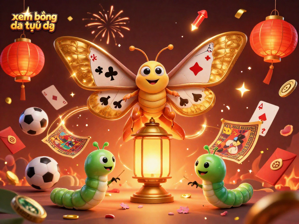 xem bóng đá trực tiếp in a vibrant 3D illustration featuring a golden moth, sports balls, and festive elements.