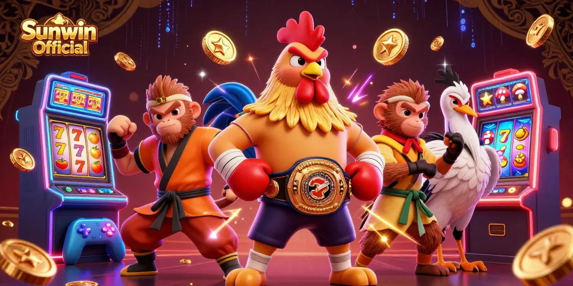 Engage with Sunwin Official in this vibrant slot gaming battle featuring animated casino elements and characters.