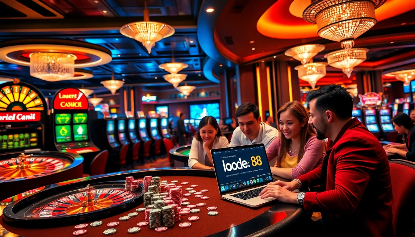 Experience the excitement of lode88 with vibrant casino elements, including roulette and slot machines.