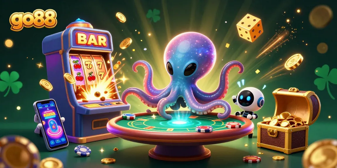 Experience excitement with go88 as alien characters play at a lively holographic casino table.