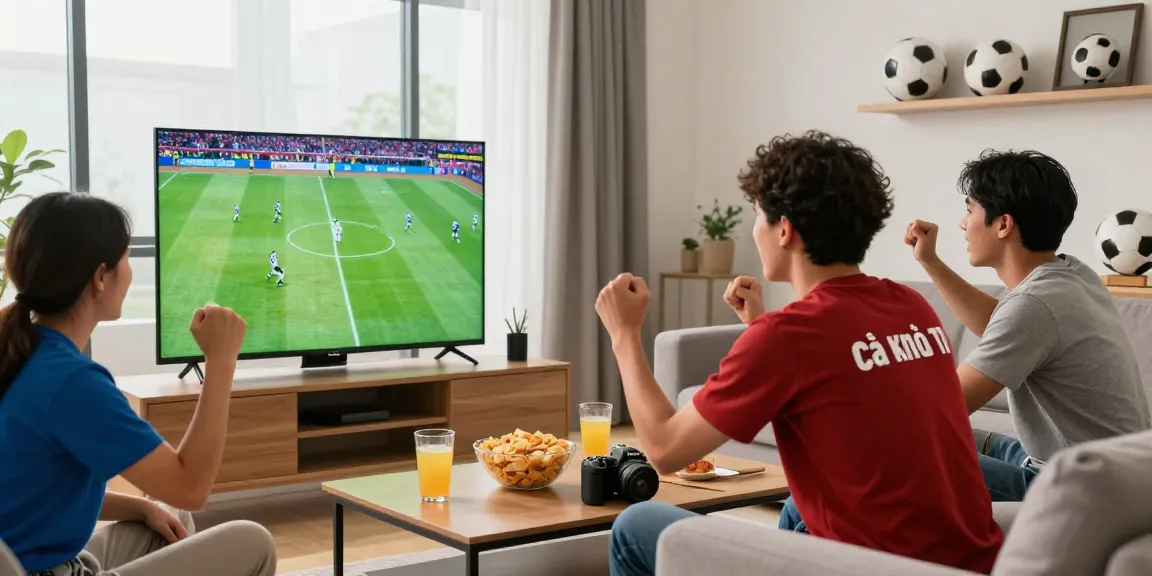 Excited fan watching live football on Cà Khịa TV in a vibrant living room.