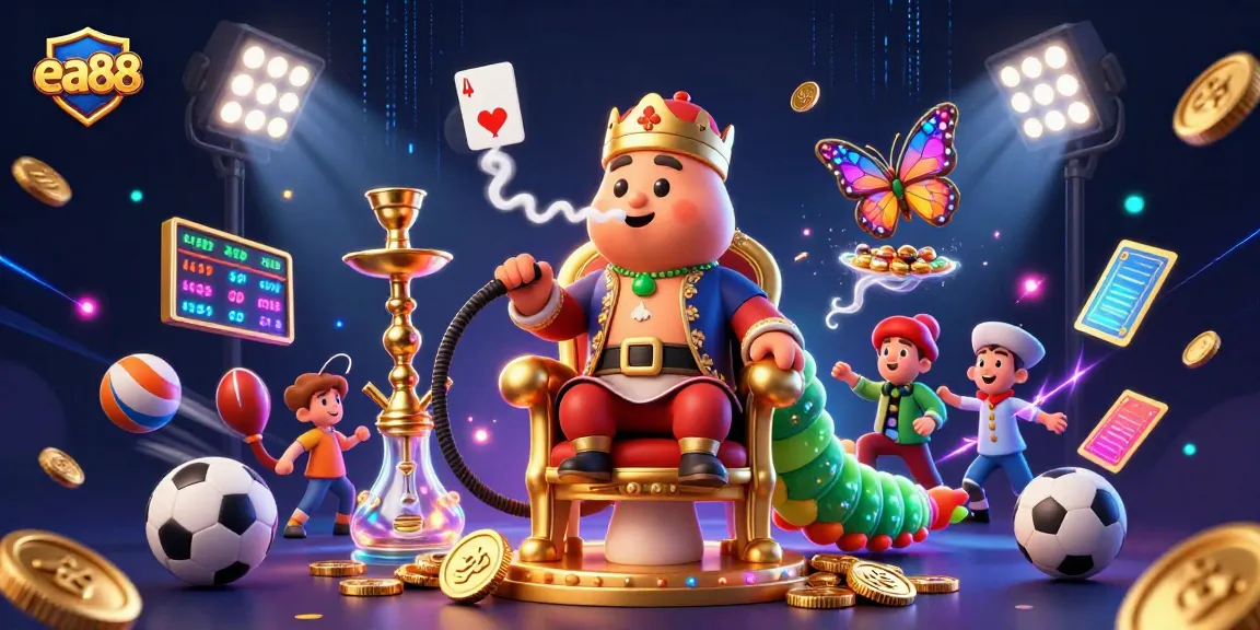 ea88 brings a vibrant casino experience with an energetic caterpillar and sports elements in a dazzling illustration.