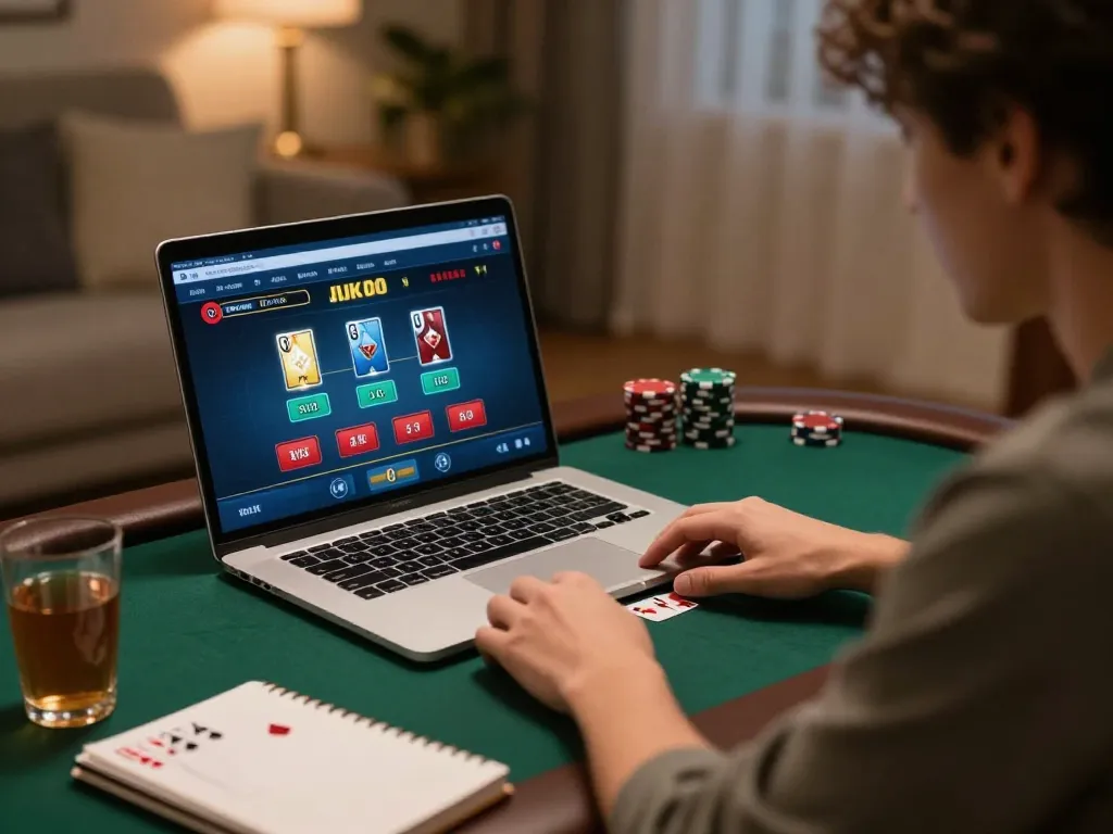 Player engaging in online poker at home with 888top, emphasizing strategy and excitement.