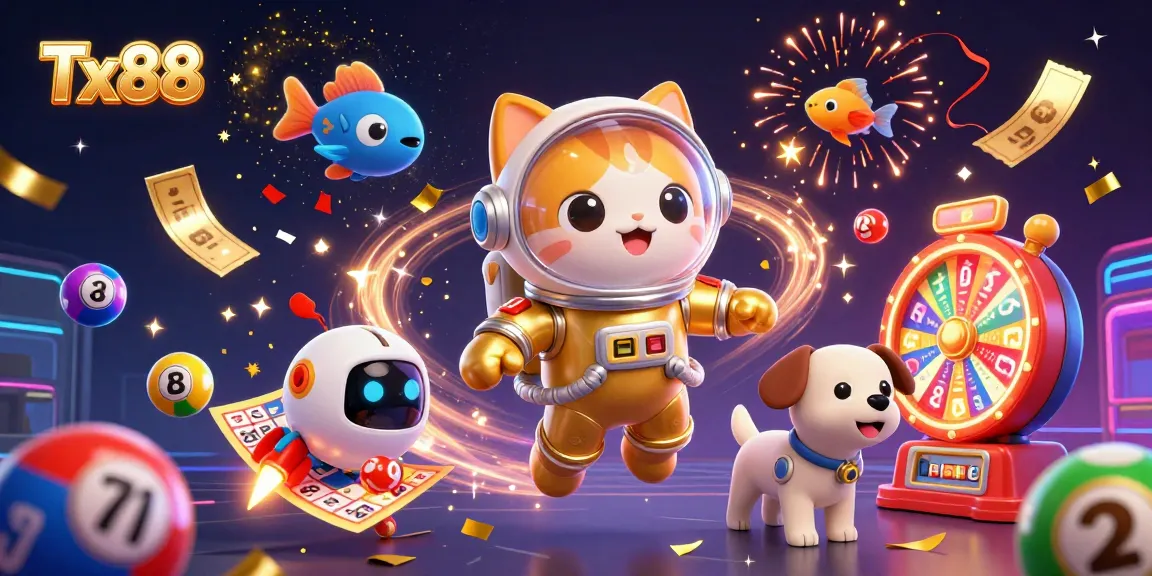 Tx88 showcases a vibrant casino scene with a space astronaut cat and lottery elements, bringing excitement to players.