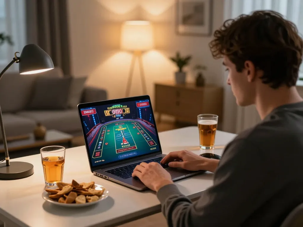 Player enjoying online casino game with alc88 on a laptop in a cozy home office.