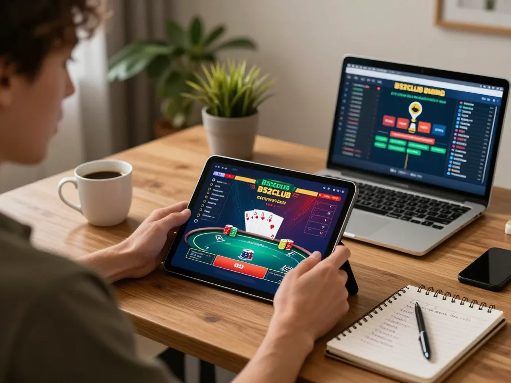 B52club user playing poker on tablet at home, showcasing a modern gaming environment and strategic approach.