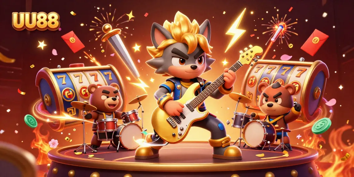 Experience the excitement of UU88 with rock star wolf and drummer bear amidst vibrant casino elements.